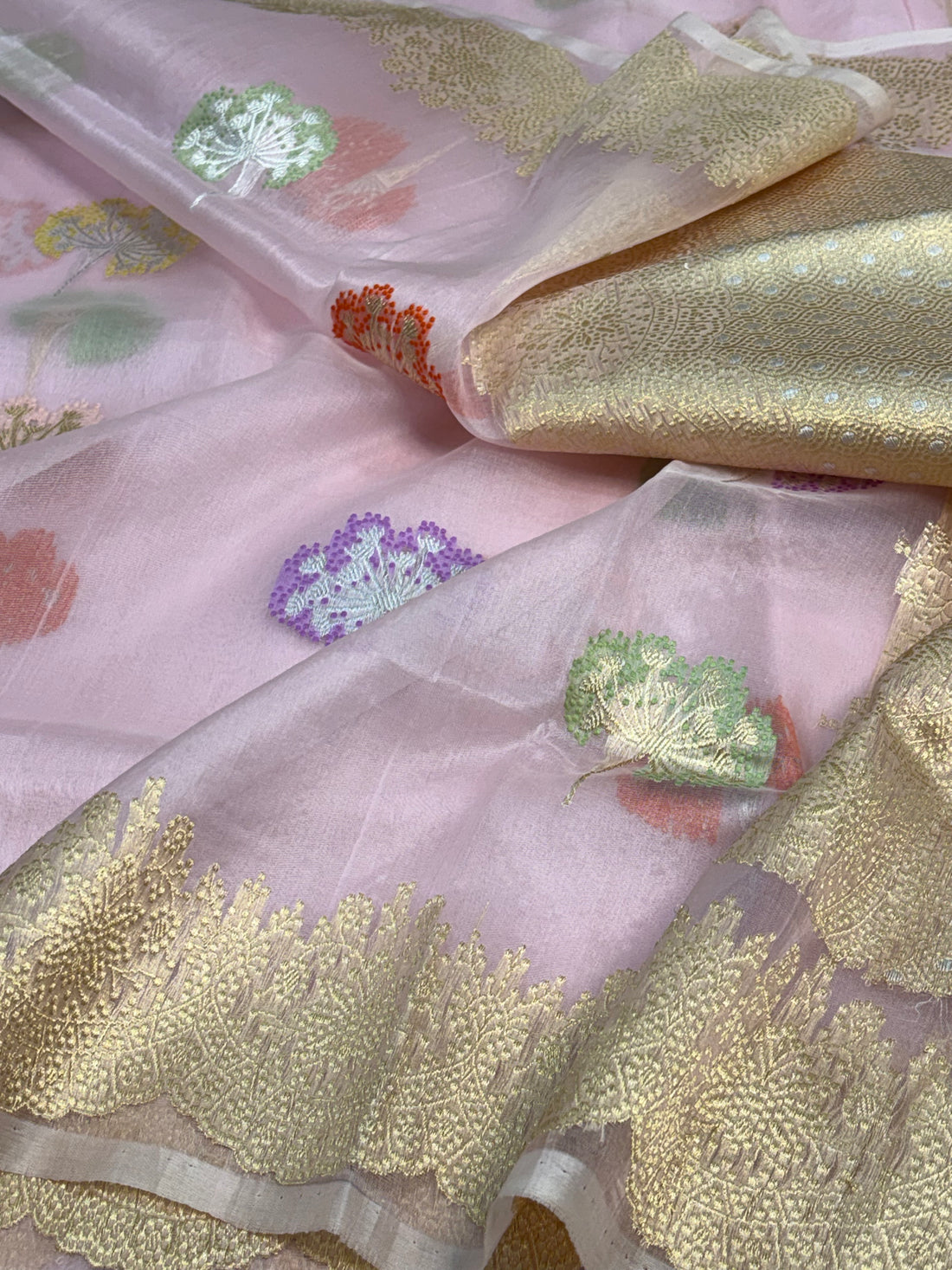 Baby Pink Banarasi Kora Meenakari Buta Saree