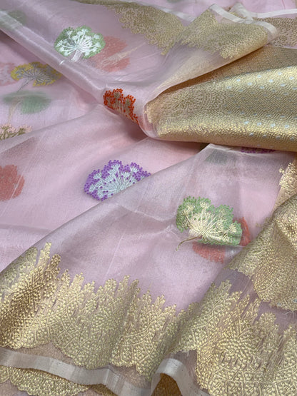 Baby Pink Banarasi Kora Meenakari Buta Saree