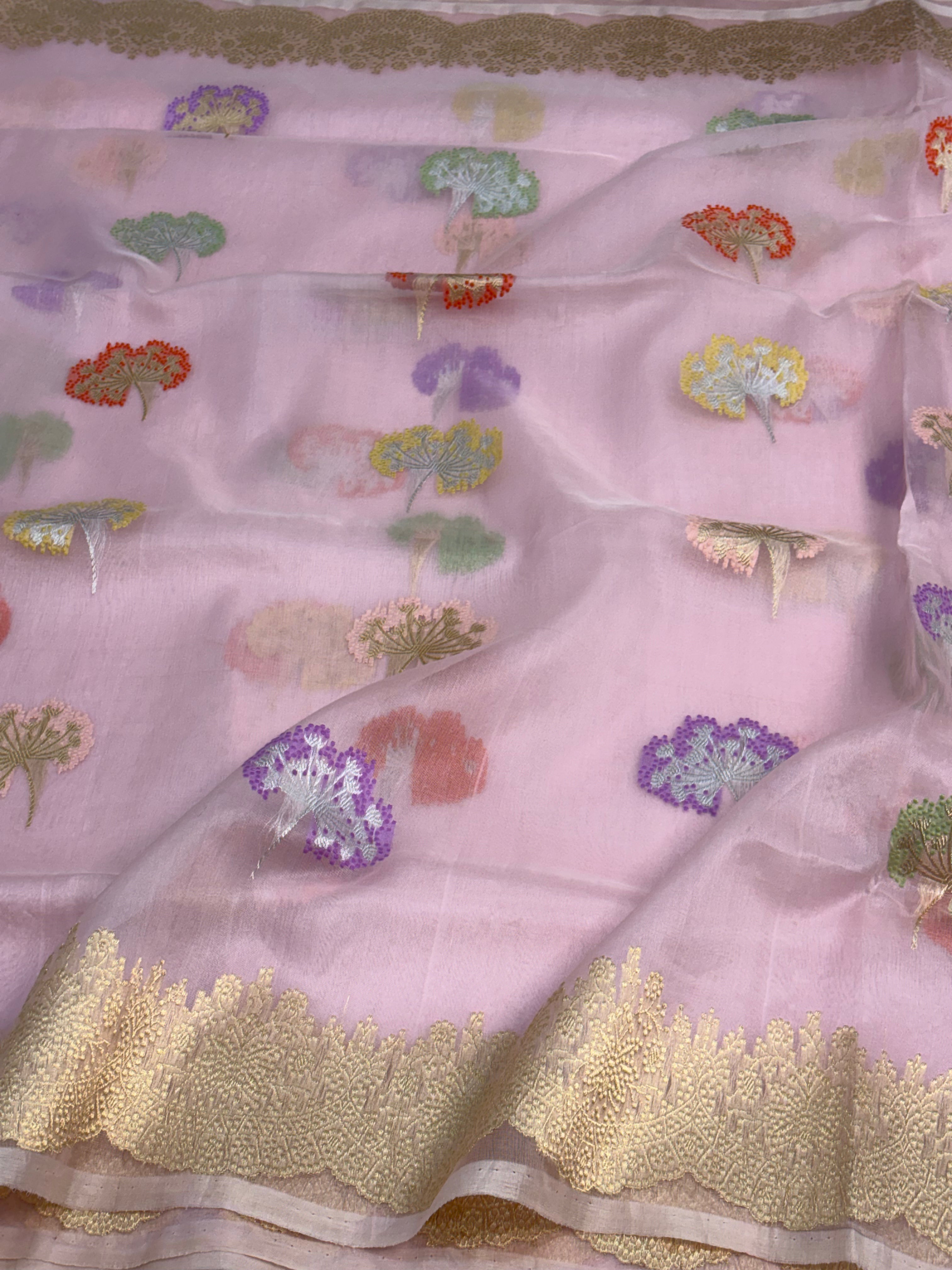 Baby Pink Banarasi Kora Meenakari Buta Saree