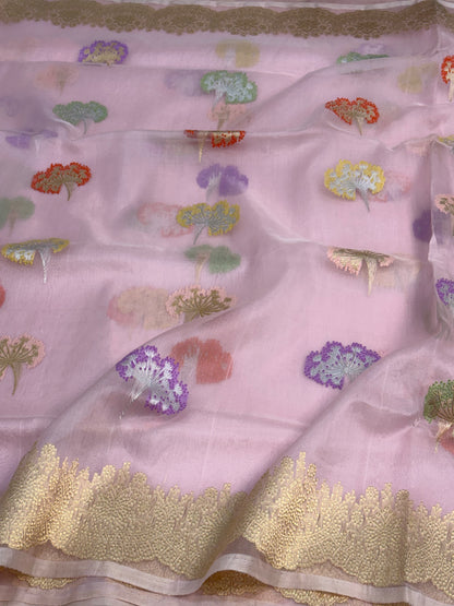 Baby Pink Banarasi Kora Meenakari Buta Saree