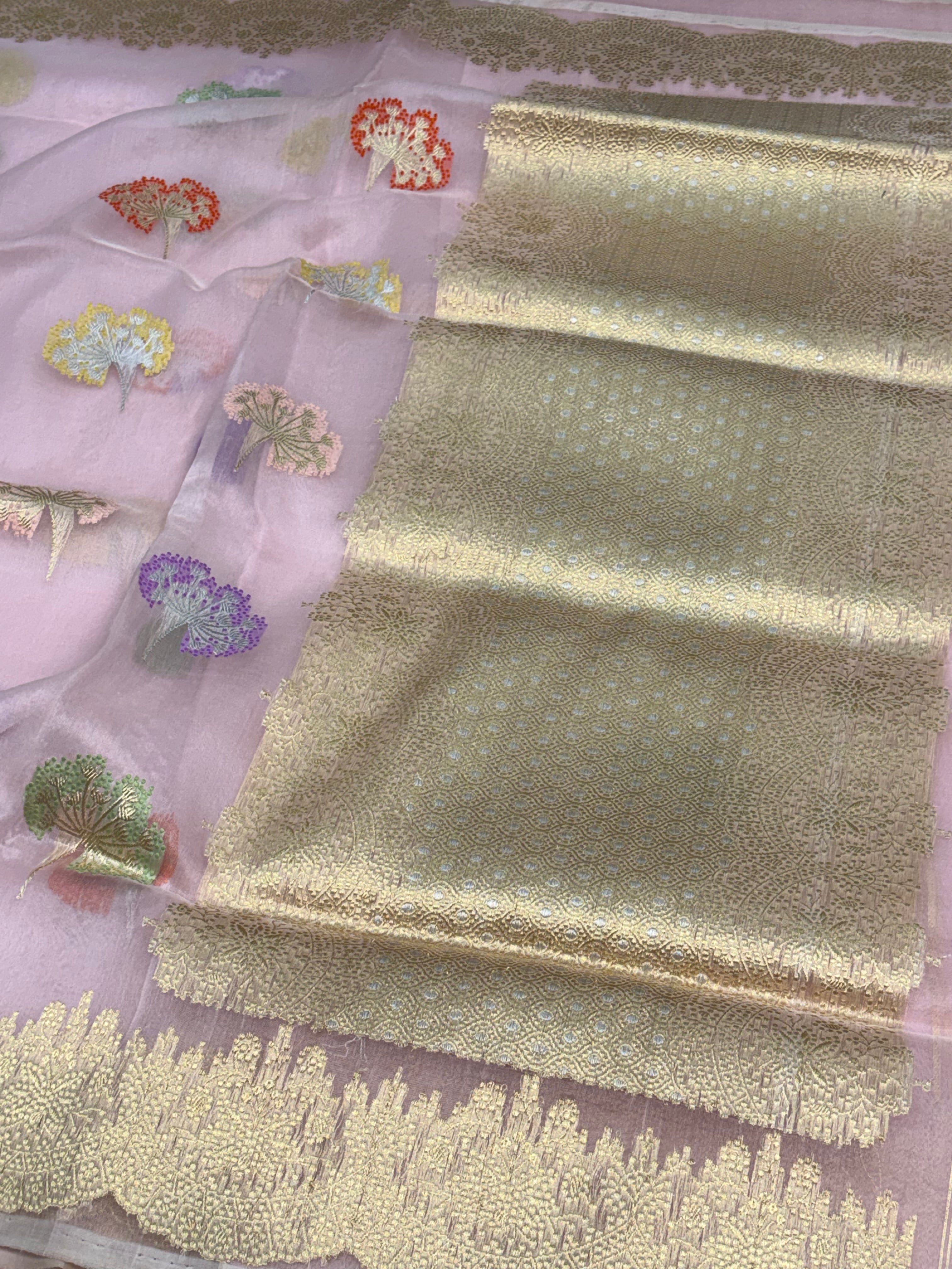 Baby Pink Banarasi Kora Meenakari Buta Saree