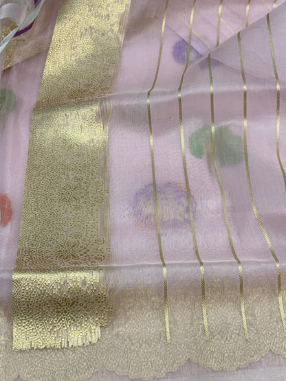 Baby Pink Banarasi Kora Meenakari Buta Saree