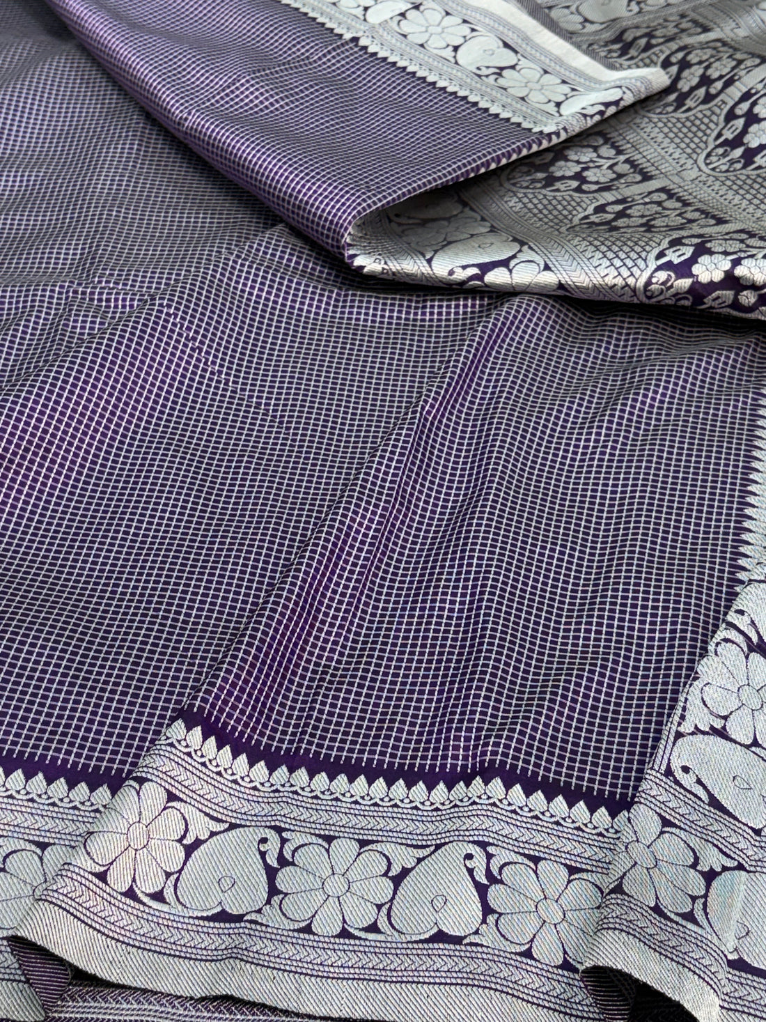 Purple Checks Silver Zari Handwoven Banarasi Saree