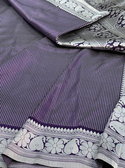 Purple Checks Silver Zari Handwoven Banarasi Saree