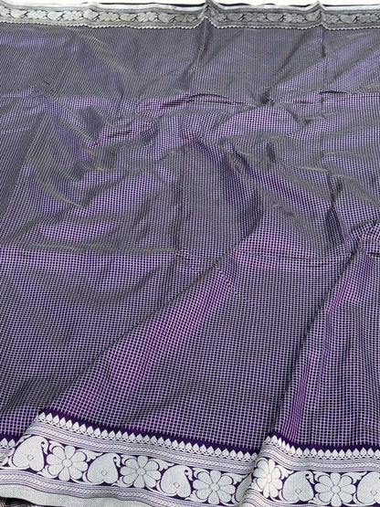 Purple Checks Silver Zari Handwoven Banarasi Saree