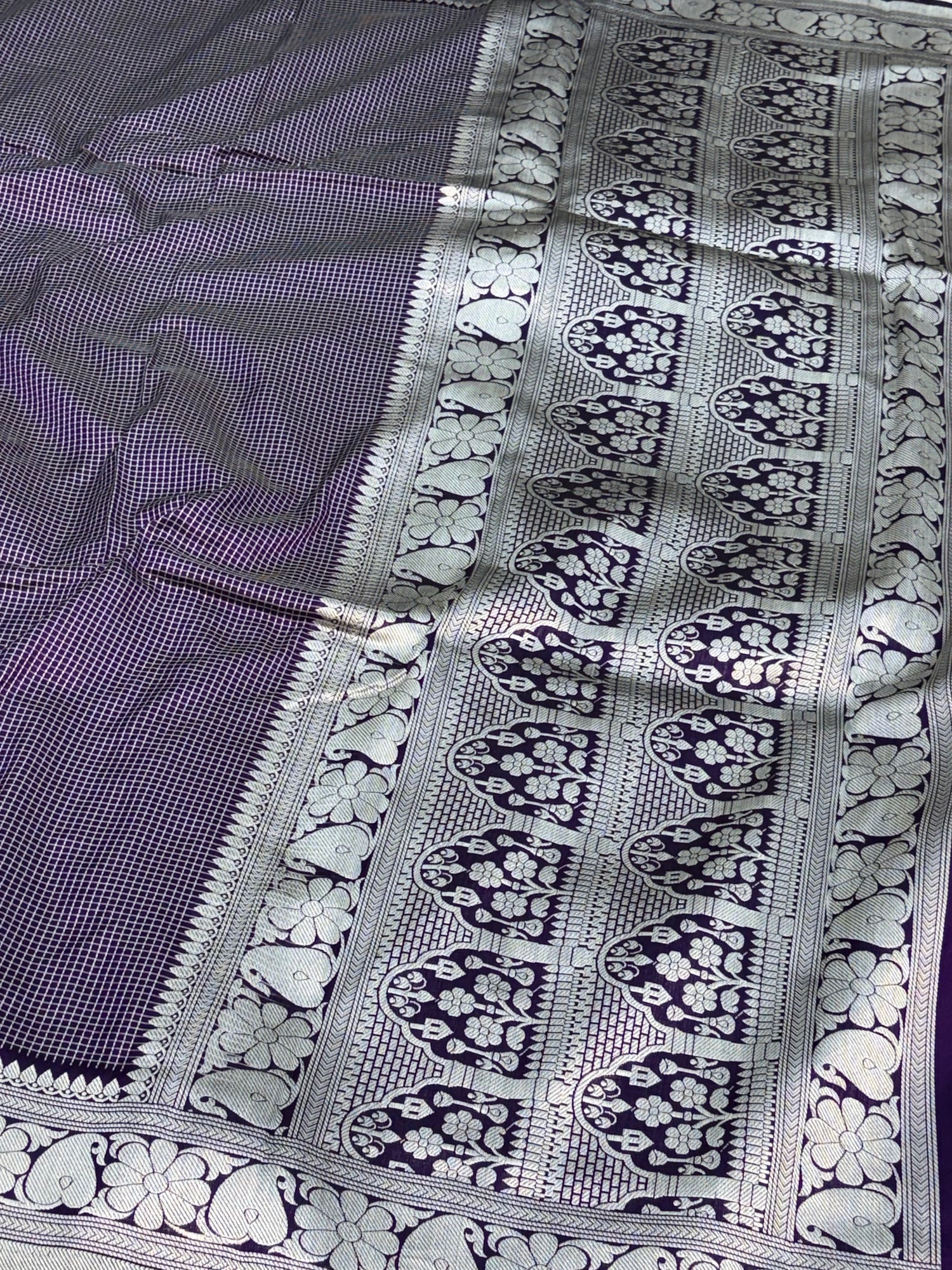 Purple Checks Silver Zari Handwoven Banarasi Saree