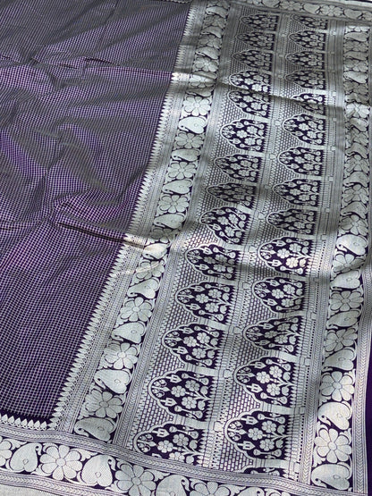 Purple Checks Silver Zari Handwoven Banarasi Saree
