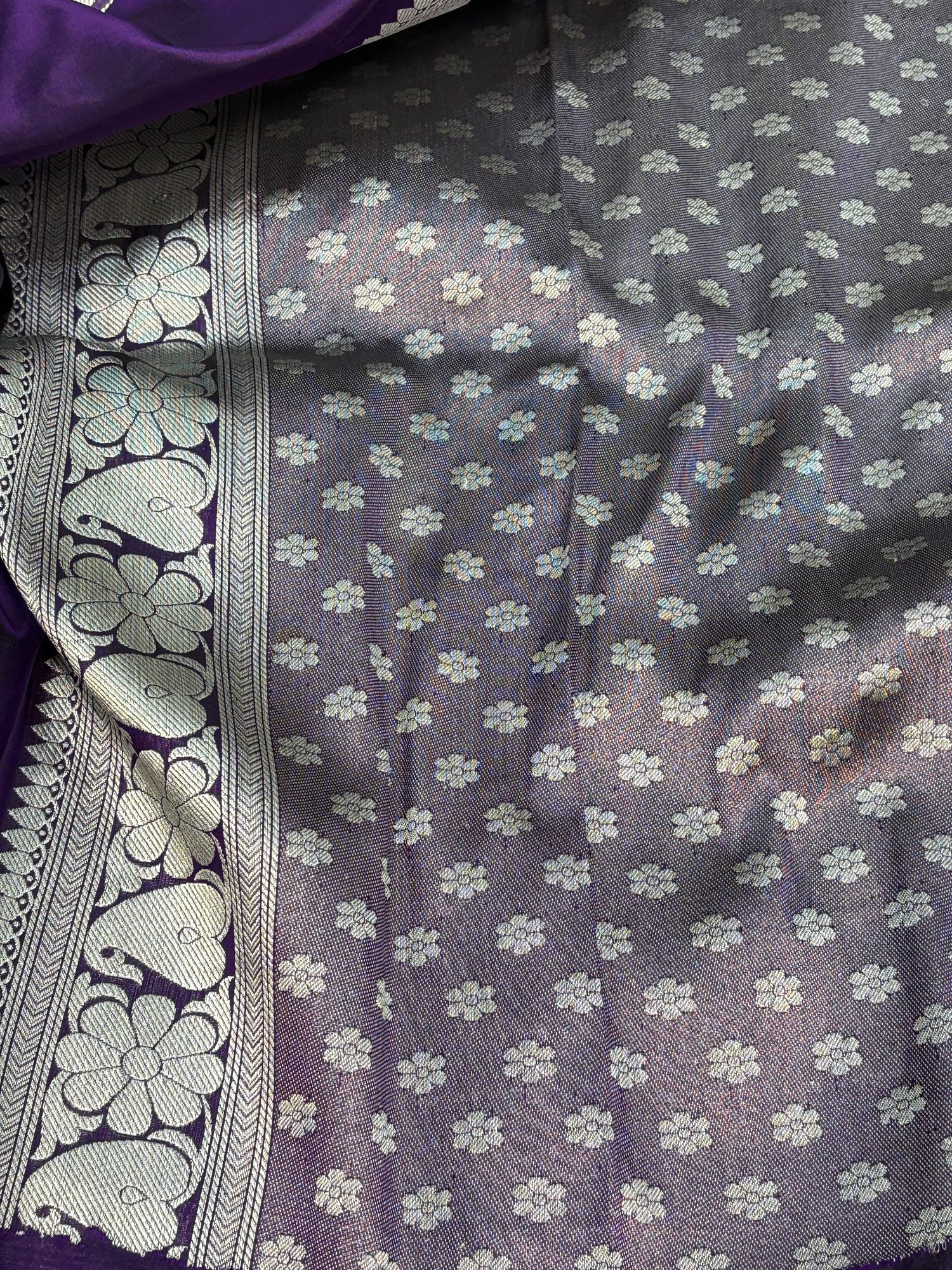 Purple Checks Silver Zari Handwoven Banarasi Saree