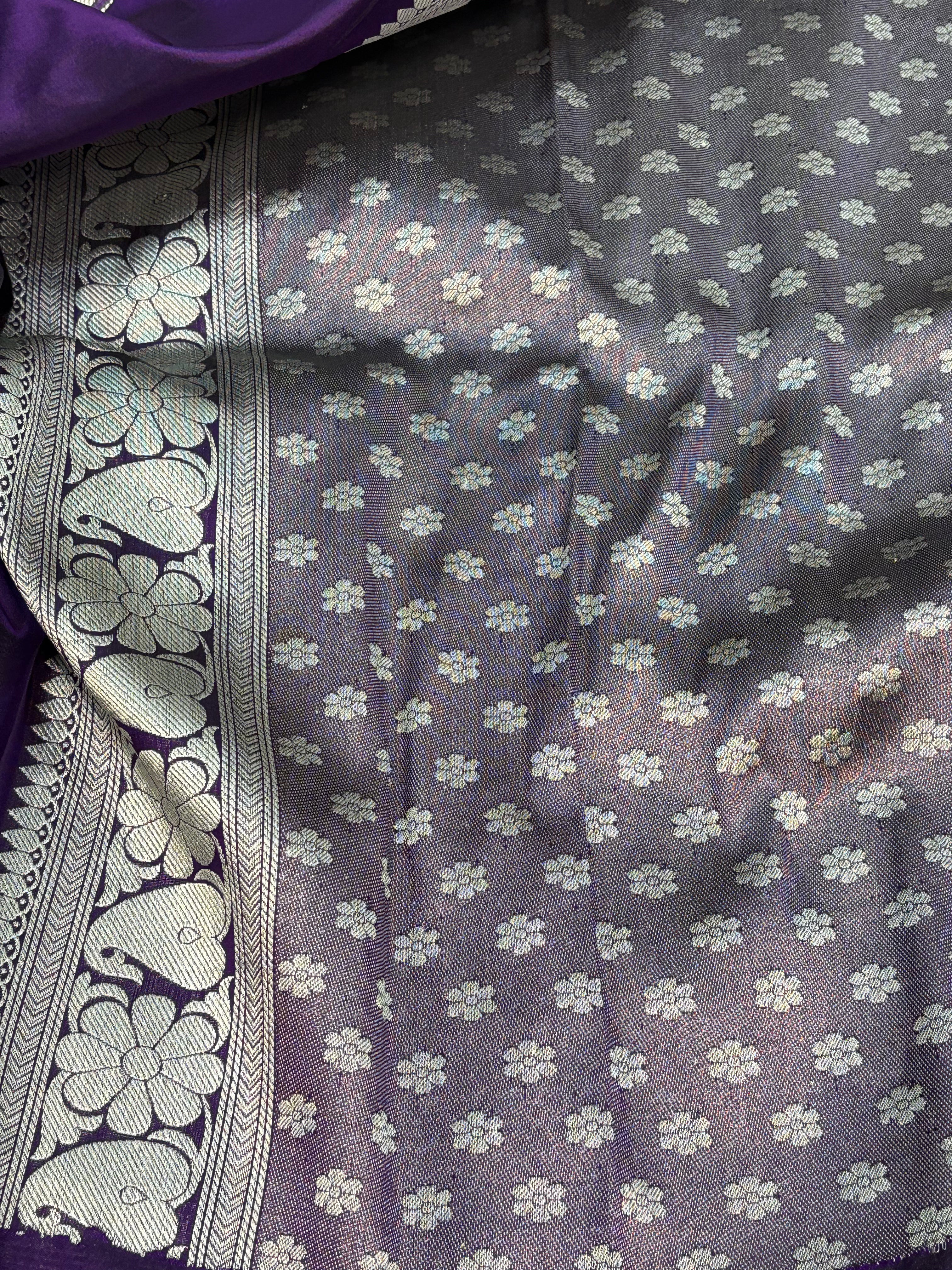 Purple Checks Silver Zari Handwoven Banarasi Saree