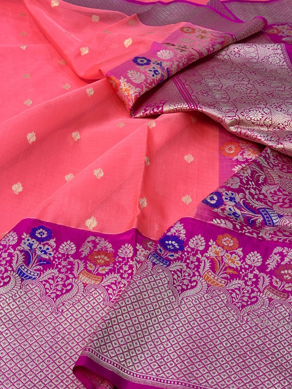 Peach Pink Banarasi Kora Silk Handwoven Saree