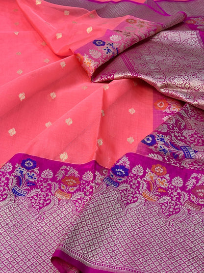 Peach Pink Banarasi Kora Silk Handwoven Saree