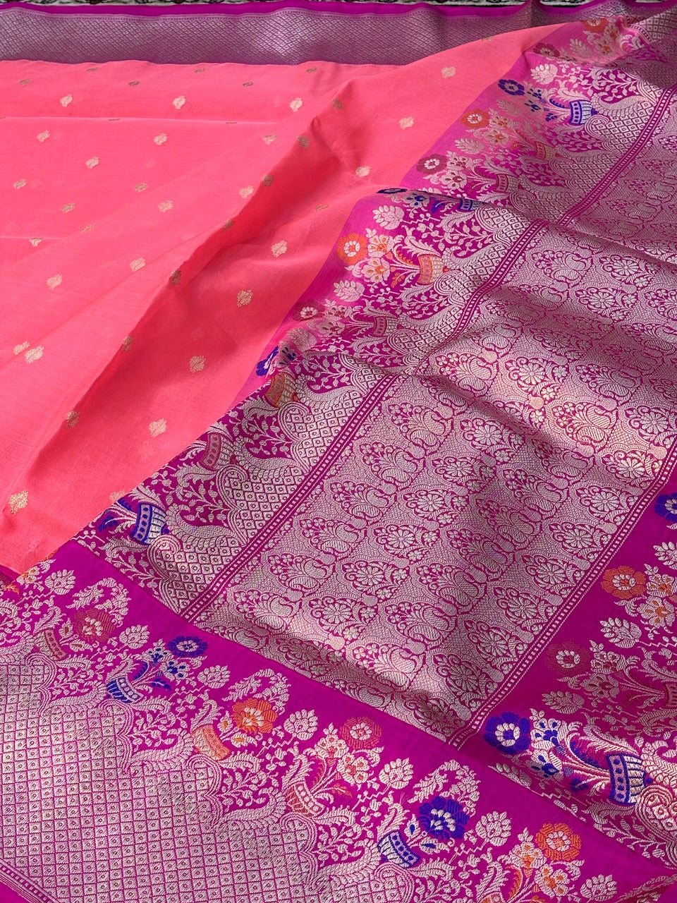 Peach Pink Banarasi Kora Silk Handwoven Saree