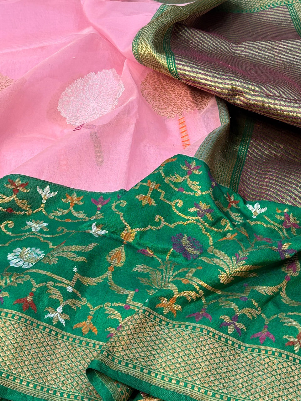 Baby Pink Banarasi Kora Silk Handwoven Saree
