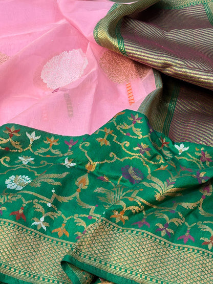 Baby Pink Banarasi Kora Silk Handwoven Saree