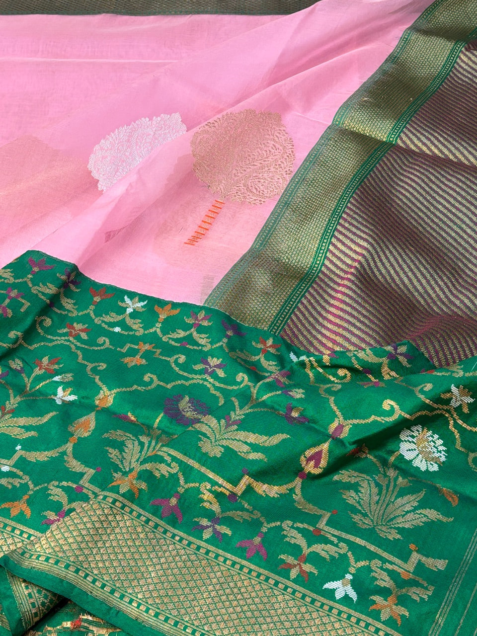 Baby Pink Banarasi Kora Silk Handwoven Saree