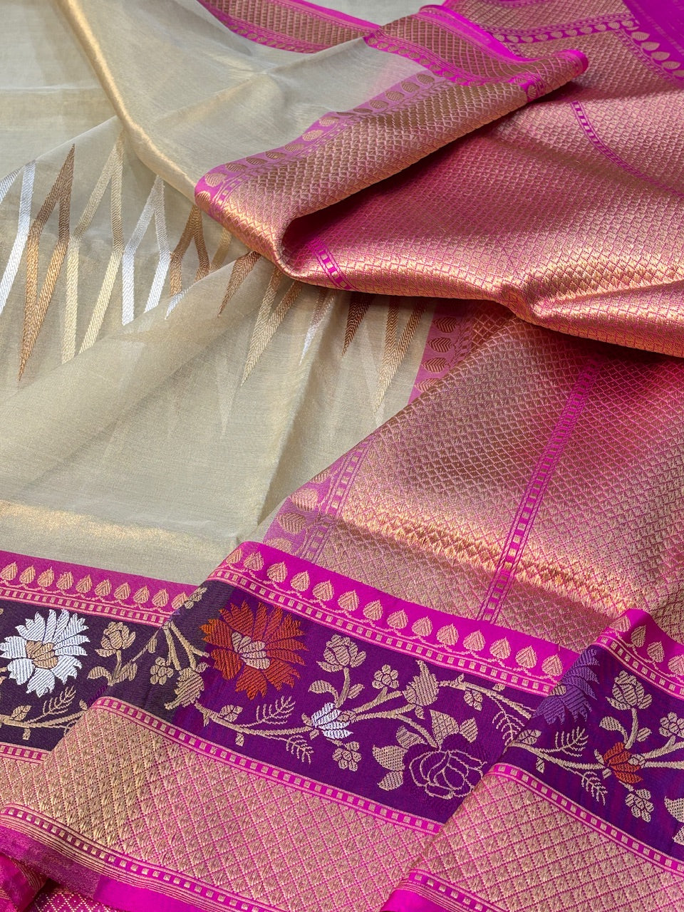 Ivory with Pink Border Banarasi Katan Tissue Silk Handwoven Saree