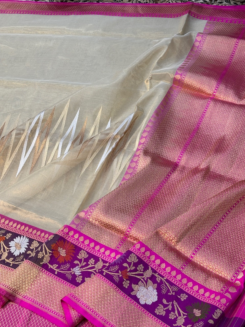 Ivory with Pink Border Banarasi Katan Tissue Silk Handwoven Saree