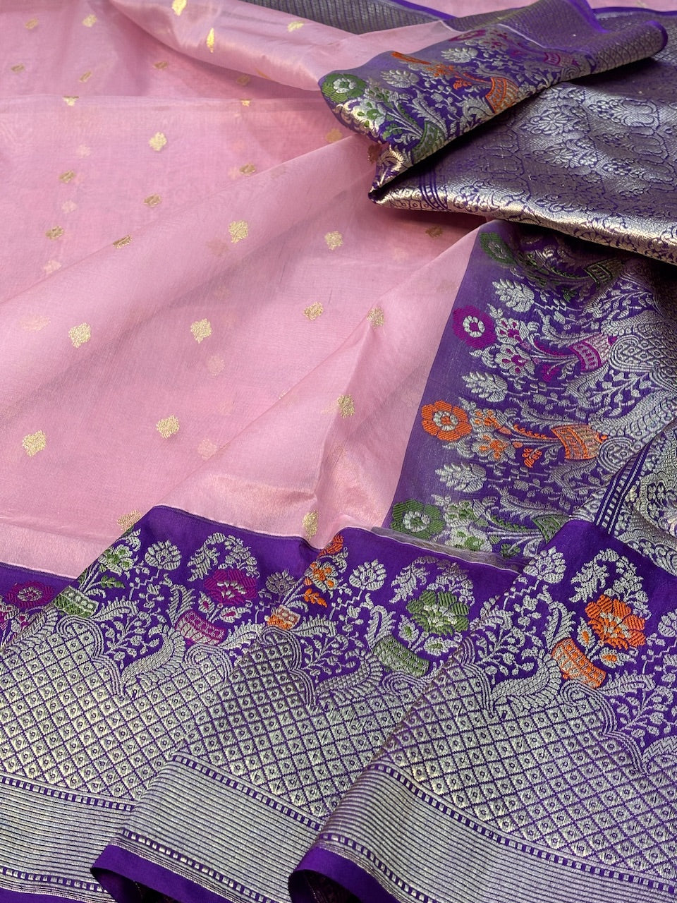 Pink With Purple Border Banarasi Katan Kora Silk Handwoven Saree