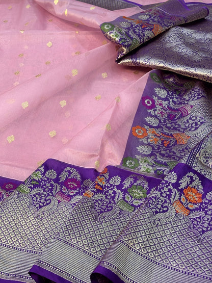 Pink With Purple Border Banarasi Katan Kora Silk Handwoven Saree