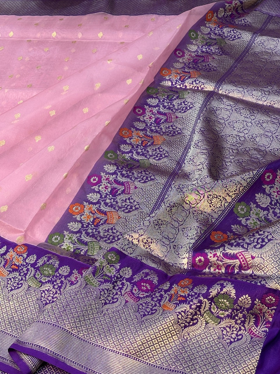 Pink With Purple Border Banarasi Katan Kora Silk Handwoven Saree