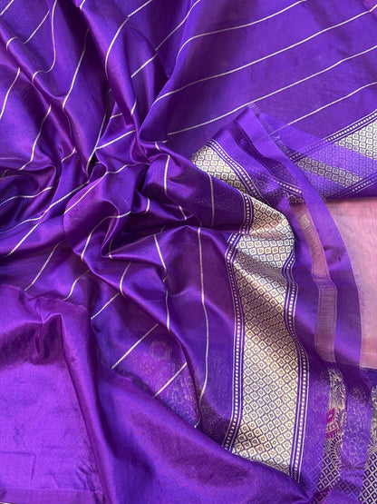 Pink With Purple Border Banarasi Katan Kora Silk Handwoven Saree