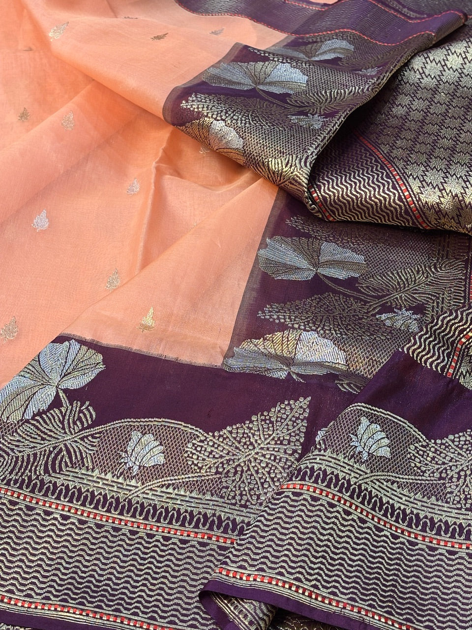 Peach Pink Banarasi Kora Silk Handwoven Saree