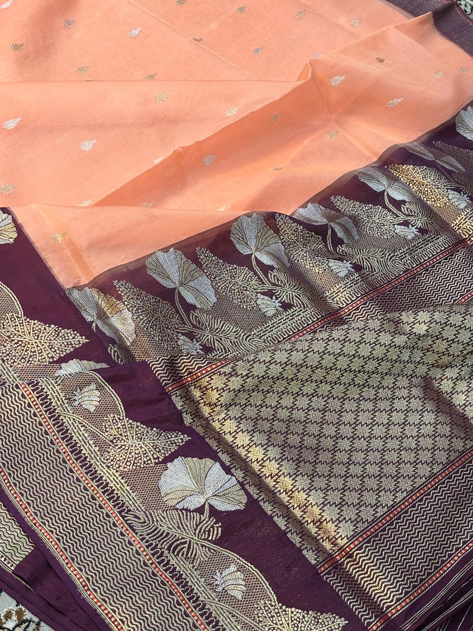 Peach Pink Banarasi Kora Silk Handwoven Saree