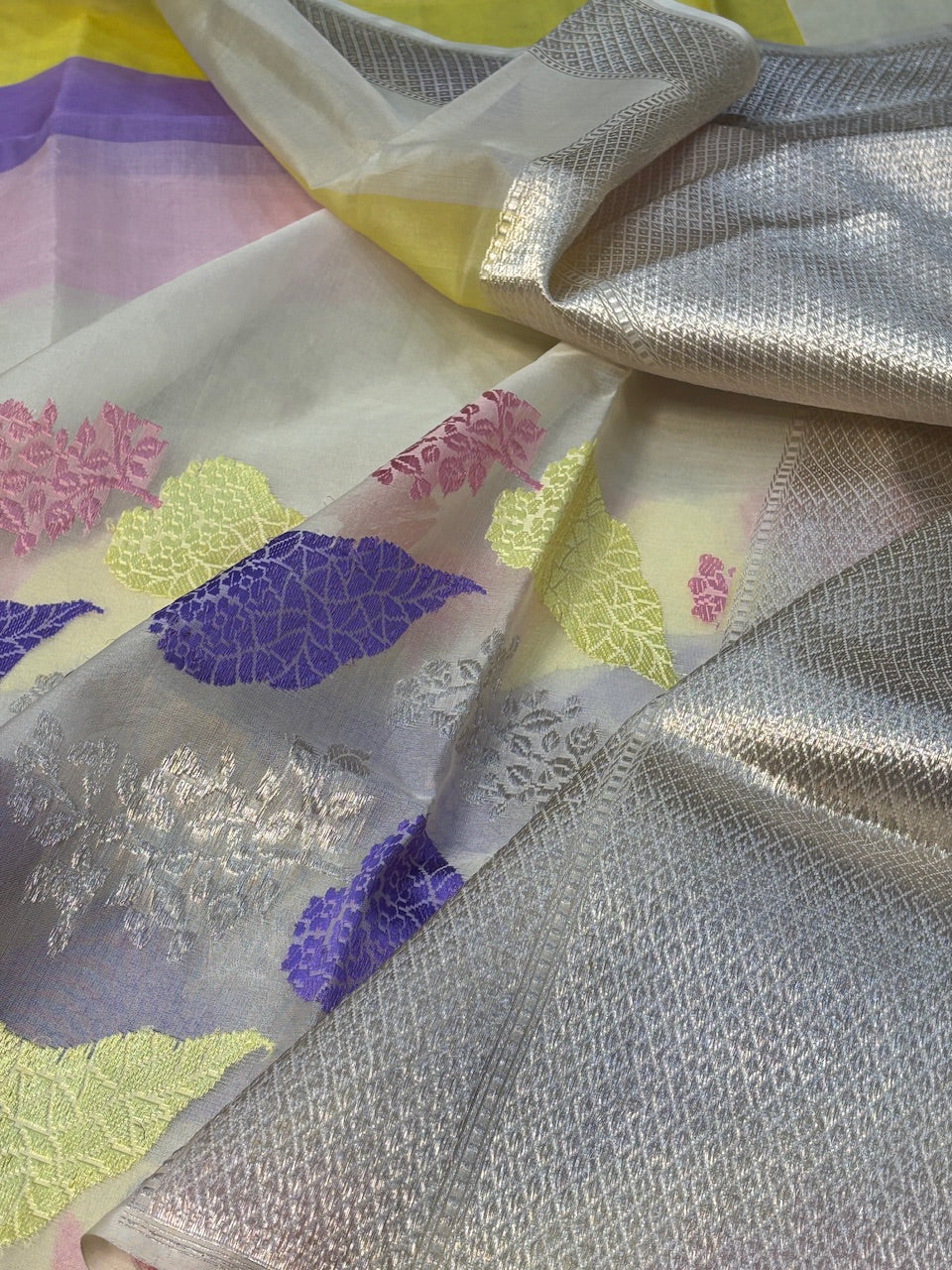 Ivory Banarasi Katan Kora Silk Handwoven Saree