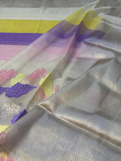 Ivory Banarasi Katan Kora Silk Handwoven Saree
