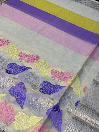 Ivory Banarasi Katan Kora Silk Handwoven Saree