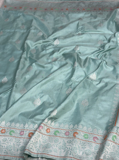Teal Blue Banarasi Handwoven Pure Katan Silk Saree