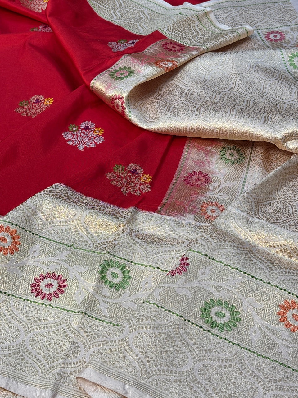 Red with White Border Pure Banarasi Ektara  Silk Handwoven Saree
