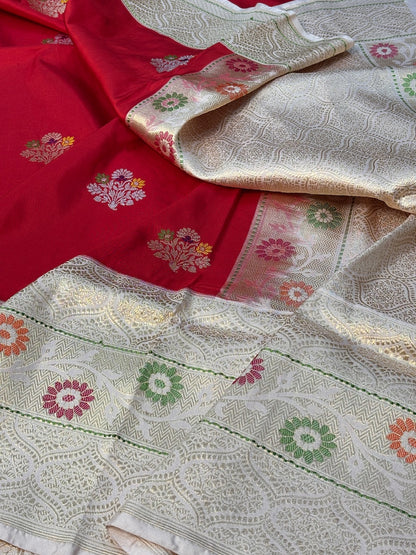 Red with White Border Pure Banarasi Ektara  Silk Handwoven Saree