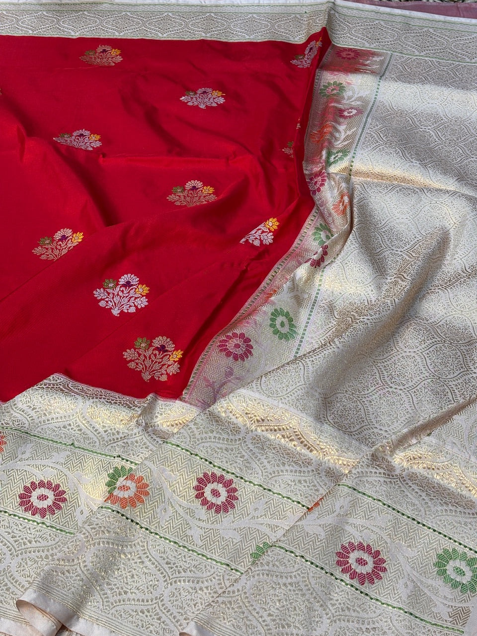 Red with White Border Pure Banarasi Ektara  Silk Handwoven Saree