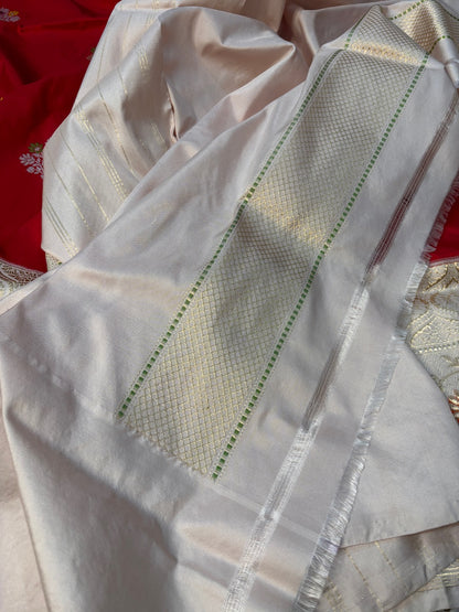 Red with White Border Pure Banarasi Ektara  Silk Handwoven Saree