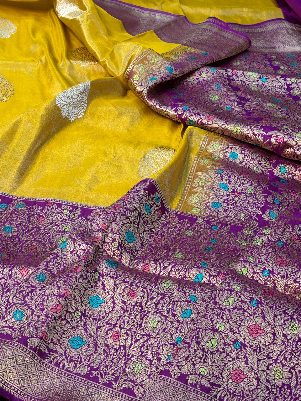Musterd Yellow Banarasi Katan Tissue Silk Handwoven Saree