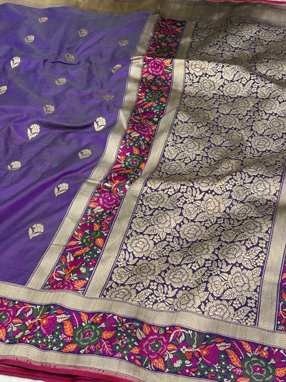 Purple Banarasi Handwoven Pure Katan Silk Iktara Saree