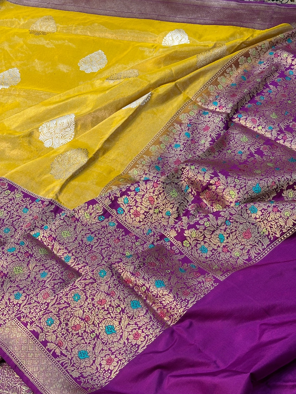 Musterd Yellow Banarasi Katan Tissue Silk Handwoven Saree