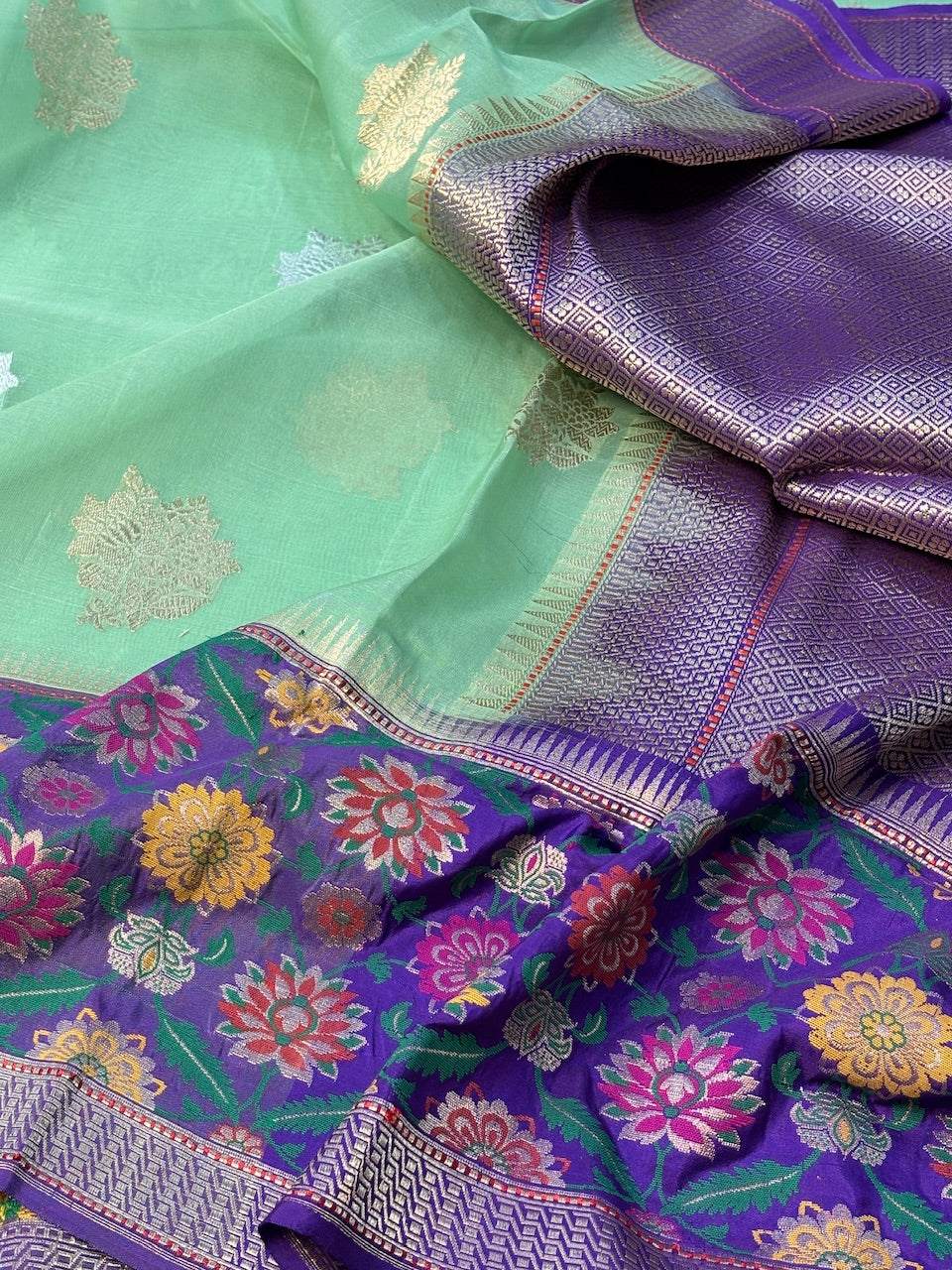 Sea Green Banarasi Kora Silk Handwoven Saree