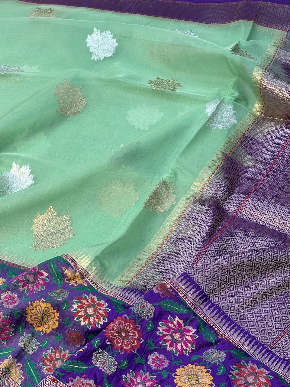 Sea Green Banarasi Kora Silk Handwoven Saree