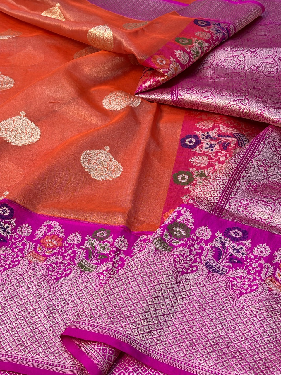 Orange Banarasi Katan Tissue Silk Handwoven Saree
