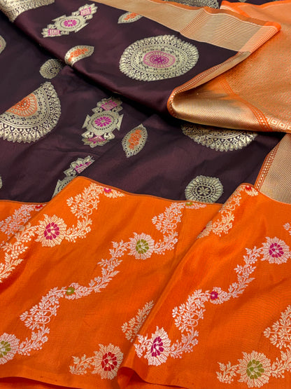 Brown Banarasi Handwoven Pure Katan Silk Saree