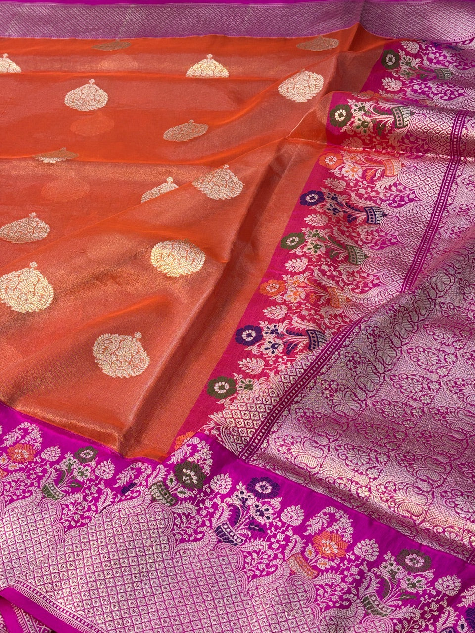 Orange Banarasi Katan Tissue Silk Handwoven Saree