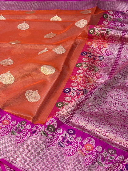 Orange Banarasi Katan Tissue Silk Handwoven Saree