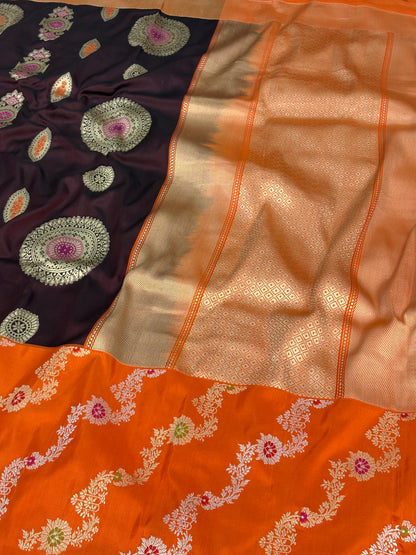 Brown Banarasi Handwoven Pure Katan Silk Saree