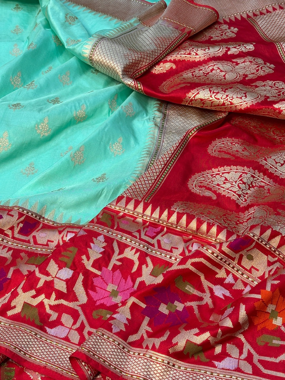 Sea Blue With Red Border Pure Banarasi Ektara  Silk Handwoven Saree