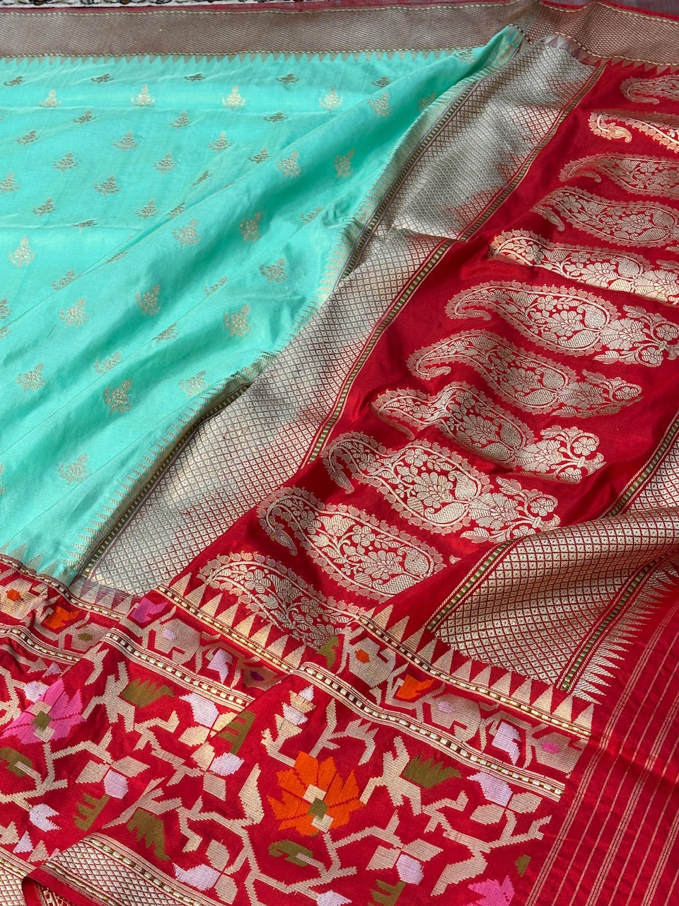 Sea Blue With Red Border Pure Banarasi Ektara  Silk Handwoven Saree