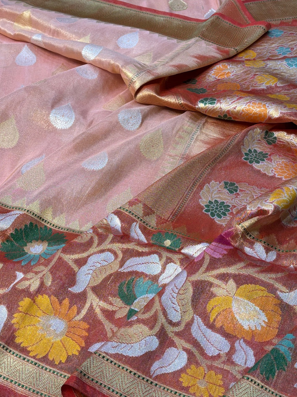 Peach Banarasi Katan Tissue Silk Handwoven Saree