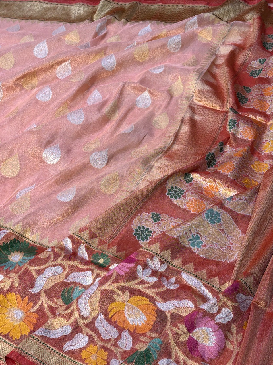Peach Banarasi Katan Tissue Silk Handwoven Saree