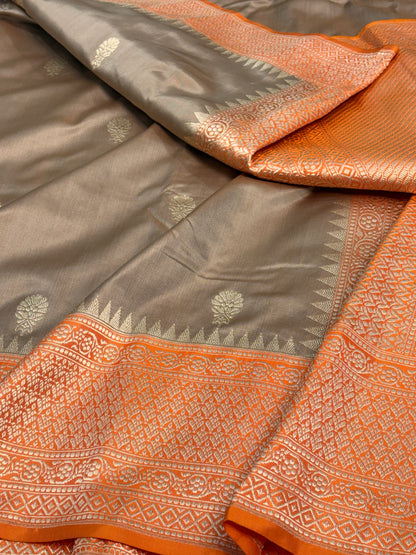 Muted Grey Banarasi Pure Katan Silk Iktara Saree